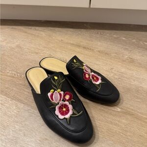 Marc Fisher Black Mules with Pink Floral Embroidery